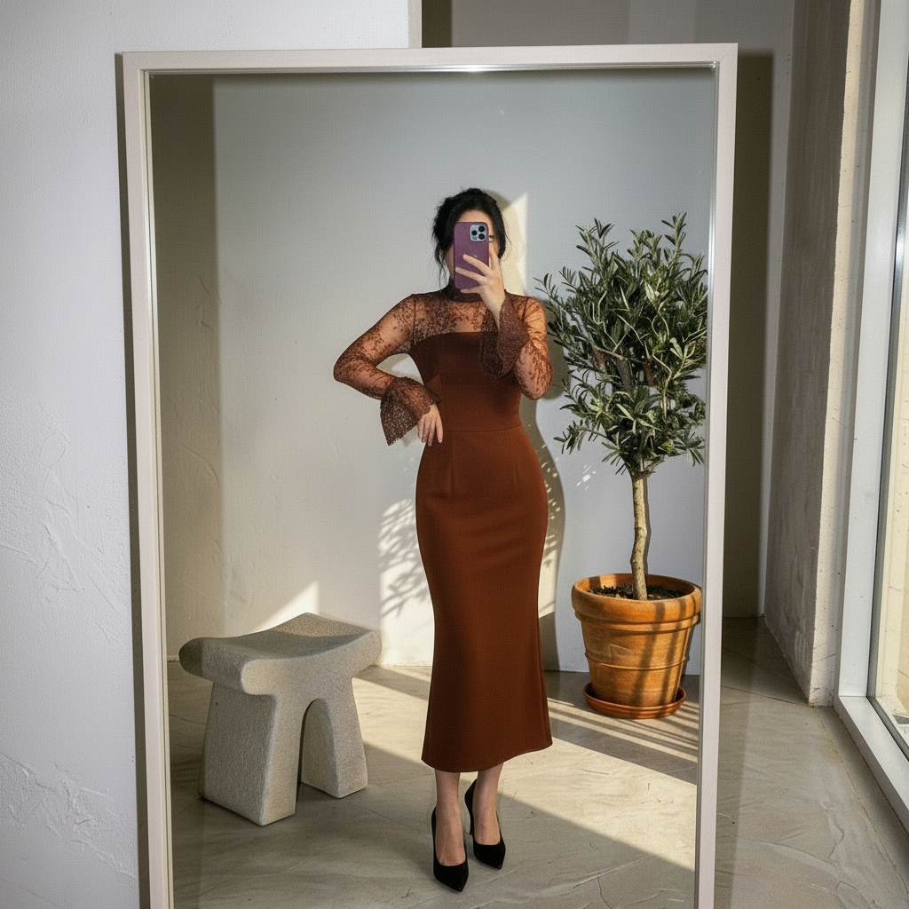 Maxikleid mit Spitze hellbraun - DUNE